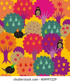 Forest-garden. A seamless pattern of fairy garden with yellow, green, orange, black, red and purple trees with pears, apples and leaves with owls and hedgehogs.