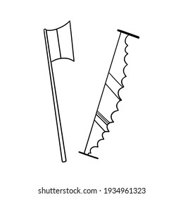 Forestry Axe, crosscut saw doodle. Cartoon ax, camp hatchet symbol icon hand drawn. Iron hand saw. Carpentry tools vector illustrations