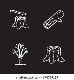 Forestry chalk icons set. Stumps with axe inside, tree without leaves, firewood. Isolated vector chalkboard illustrations