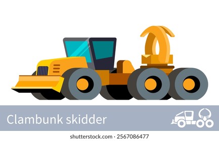 Forestry clambunk skidder front side view. Clambunk skidder with a clam grapple minimalistic icon vehicle. Forestry construction equipment isolated vector. Color icon illustration on white background