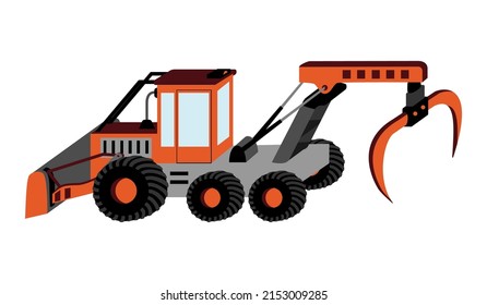 Forestry equipment icon with skidder in flat isometric vector.Six-wheeled heavy machine with grippers.Track isolated on white background.For design  sticker,poster,card,print.