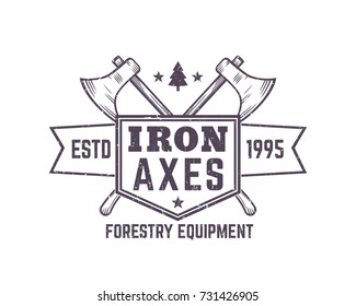 Forestry Equipment vintage logo, emblem, badge with lumberjacks axes