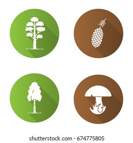 Forestry flat design long shadow glyph icons set. Pine cone and tree, birch, mushroom. Vector silhouette illustration
