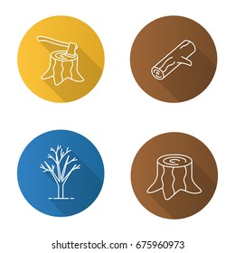 Forestry flat linear long shadow icons set. Stumps with axe inside, tree without leaves, firewood. Vector outline illustration