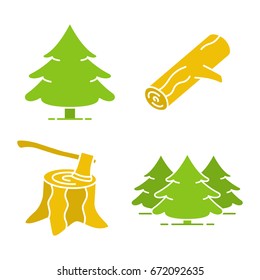 Forestry glyph color icon set. Fir forest, firewood, stump with axe. Silhouette symbols on black backgrounds.