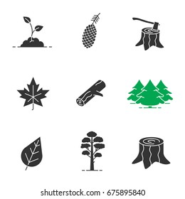 Forestry glyph icons set. Silhouette symbols. Pine cone and tree, growing sprout, deforestation, stumps, fir forest, maple leaf, firewood. Vector isolated illustration