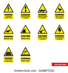 Forestry hazard signs icon set of color types. Isolated vector sign symbols. Icon pack.