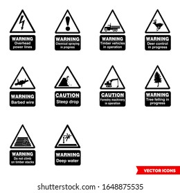 Forestry hazard signs icon set of black and white types. Isolated vector sign symbols. Icon pack.