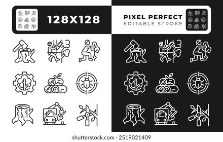 Ícones lineares da indústria florestal configurados para o modo escuro e claro. Corte e desbaste de árvores. Gestão florestal. Arborista. Símbolos de linhas finas para temas noturnos e diurnos. Ilustrações isoladas. Traçado editável