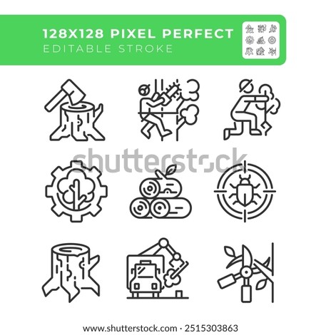 Forestry industry linear icons set. Logging. Tree cutting and trimming. Forest management. Arborist. Customizable thin line symbols. Isolated vector outline illustrations. Editable stroke