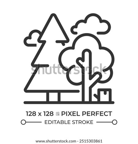 Forestry linear icon. Natural landscape. Tree species and selection. Forest scenery. Woodland. Nature conservation. Thin line illustration. Contour symbol. Vector outline drawing. Editable stroke