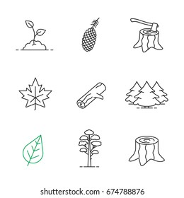 Forestry linear icons set. Pine cone and tree, growing sprout, deforestation, stumps, fir forest, maple leaf, firewood. Thin line contour symbols. Isolated vector outline illustrations