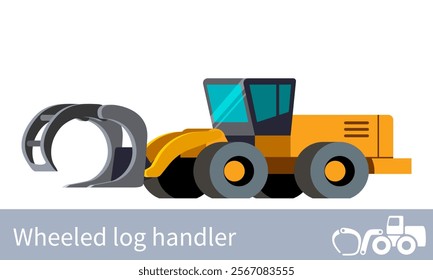 Forestry log handler front side view. Wheeled front loader minimalistic icon vehicle. Forestry construction equipment isolated vector. Color icon illustration on white background