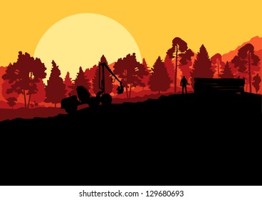 Forestry logger tractor and woodcutter in forest nature landscape illustration background vector