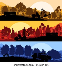 Forestry loggers tractors in forest glade landscape with detailed wild animals illustration collection background vector