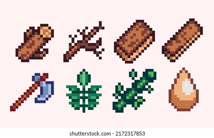 Silvicultura, tala, juego de píxeles de madera. Madera, follaje, colección de tallos. Sprite de 8 bits. Desarrollo de juegos, aplicación móvil.  Ilustración vectorial aislada.