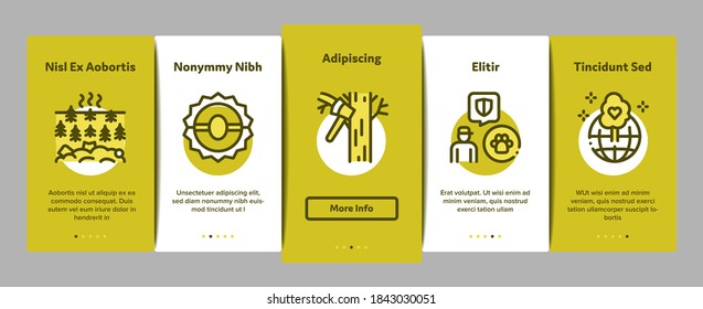 Forestry Lumberjack Onboarding Mobile App Page Screen Vector. Forestry Working Equipment And Tree Safe Fence, Animal And Forest Protection Color Illustrations
