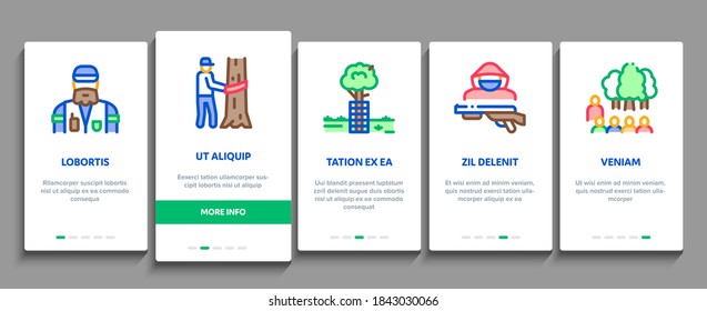 Forestry Lumberjack Onboarding Mobile App Page Screen Vector. Forestry Working Equipment And Tree Safe Fence, Animal And Forest Protection Color Illustrations