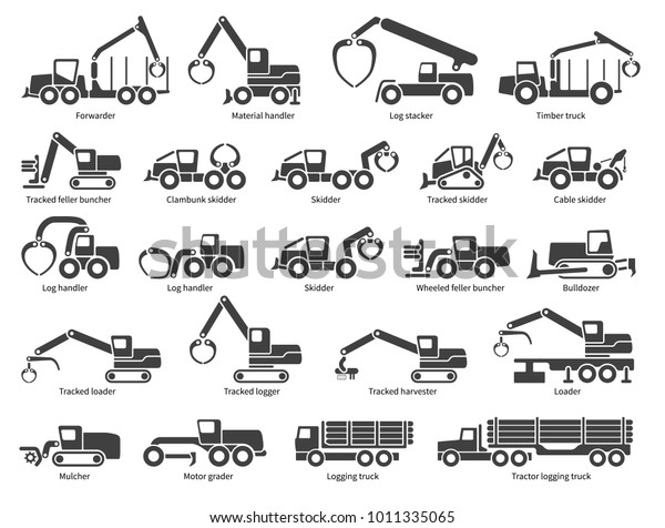林業機械のアイコンセット 各アイコンとテキスト ラベルの説明 林業機械の種類 白い背景にベクターシルエット のベクター画像素材 ロイヤリティフリー