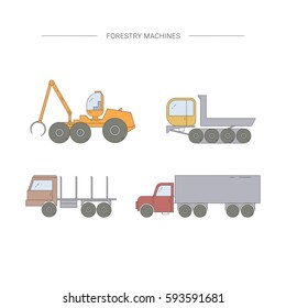 Forestry machines line icon set. Forest harvester, truck dumper, truck, trailer. Wood transportation equipment.