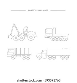 Forestry machines line icon set. Forest harvester, truck dumper, truck, trailer. Wood transportation equipment.