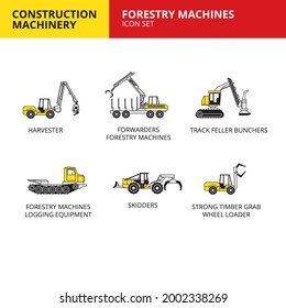 Forestry Machines machinery vehicle and transport car construction machinery icons set vector