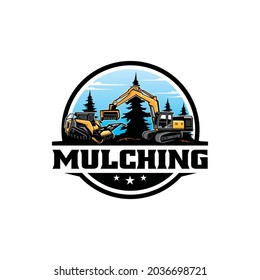 Forestry Mulching Machine, Land Clearing Mulcher And Excavator Isolated Logo Vector