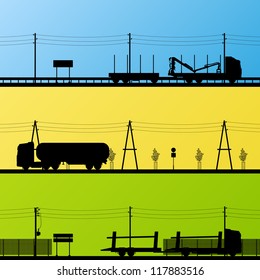 Forestry and oil industry trucks machinery detailed editable silhouettes illustration collection background vector