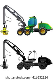 Forestry production machine. Forestry harvester, heavy hydraulic equipment for wood cutting. Detailed vector illustration. Isolated on white. Icon. Flat style. Silhouette