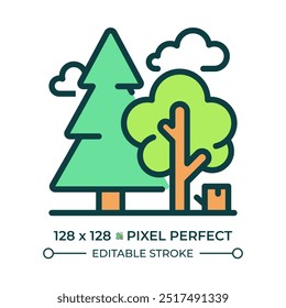 Forestry RGB-Farbsymbol. Natürliche Landschaft. Baumarten und Selektion. Waldlandschaft. Wald. Naturschutz. Isolierte Vektorgrafik. Einfache, ausgefüllte Linienzeichnung. Bearbeitbarer Strich