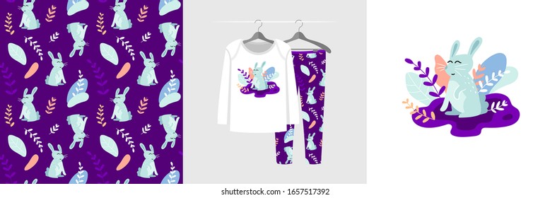 Forestry seamless pattern and illustration for a kid with the bunny. Cute design pajamas on the hanger. Baby background for clothes, room birthday decor, t-shirt print, kids wear fashion, wrapping