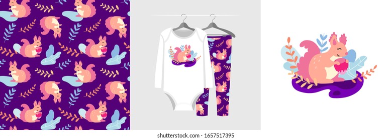 Forestry seamless pattern and illustration for a kid with the squirrel. Cute design pajamas on the hanger. Baby background for clothes, room birthday decor, t-shirt print, kids wear fashion, wrapping
