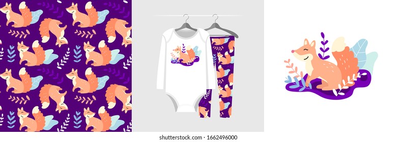 Forestry seamless pattern and illustration for a kid with the fox. Cute design pajamas on the hanger. Baby background for clothes,