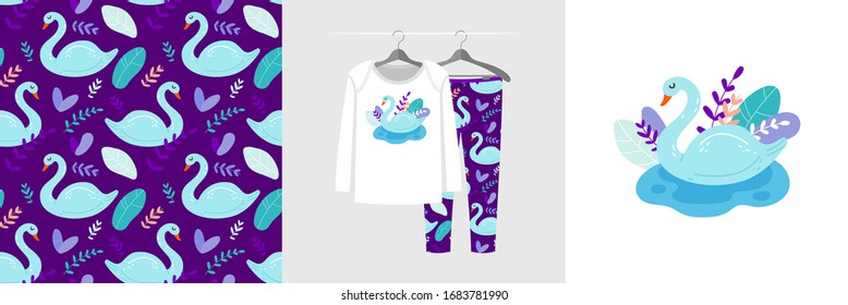 Forestry seamless pattern and illustration for a kid with the swan. Cute design pajamas on the hanger. Baby background for clothes, room birthday decor, t-shirt print, kids wear fashion, wrapping