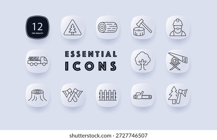 Symbol für Waldgruppe. Baum, Baumstamm, Axt, Arbeiter, Sägewerk, Stumpf, LKW, Zaun, Kettensäge, gekreuzte Achsen in fettgedruckter Forstwirtschaft und Protokollierung thematischen Symboldesign.