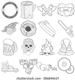 Forestry set of icons and logos contour drawing.