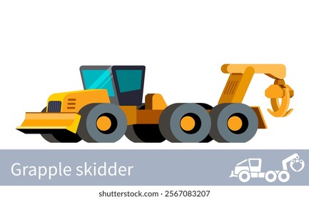 Forestry skidder front side view. Grapple skidder wheeled vehicle minimalistic icon. Forestry construction equipment isolated vector. Color icon illustration on white background