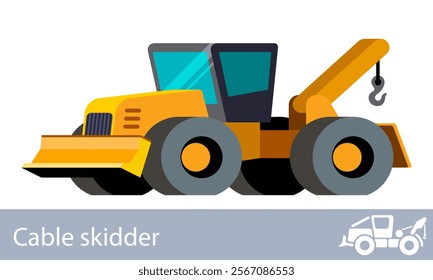 Forestry skidder front side view. Cable skidder wheeled vehicle minimalistic icon. Forestry construction equipment isolated vector. Color icon illustration on white background
