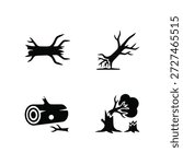 Forestry and timber industry icons featuring wood logs, tree stumps, and chopped wood pieces.
