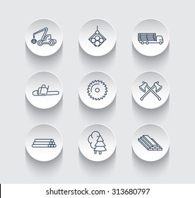 Forestry, Timber, Tree Harvester, Line Icons On Round 3d Shapes, Vector, Eps10