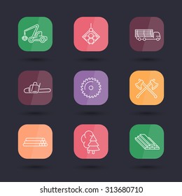 Forestry, Timber, Tree Harvester, Sawmill line rounded square icons, vector, eps10
