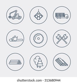 Forestry, Timber, Tree Harvester, Sawmill line icons, vector, eps10