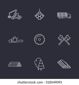 Forestry, Timber, Tree Harvester, Sawmill line white icons, vector illustration