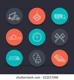 Forestry, Timber, Tree Harvester, Sawmill, Logging line round color icons, vector illustration