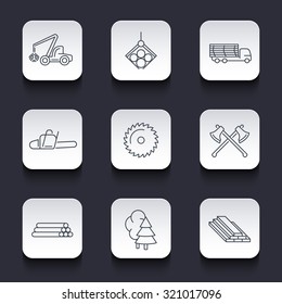 Forestry, Timber, Tree Harvester, Sawmill, Logging line rounded square icons, vector illustration