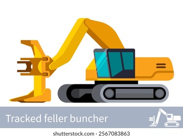 Forestry tracked feller buncher front side view minimalistic icon vehicle. Forestry construction equipment isolated vector. Color icon illustration on white background