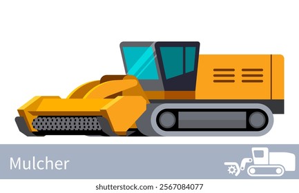 Forestry tracked stump mulcher vehicle for worknig at forest area. Mulcher minimalistic icon. Forestry construction equipment isolated vector. Color icon illustration on white background