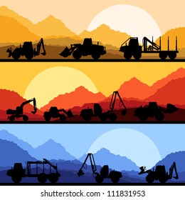 Forestry tractors, trucks and loggers hydraulic machinery detailed editable silhouettes illustration collection background vector