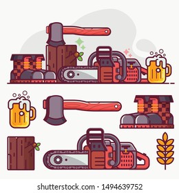 Forestry and tree surgeon icon set with lumberjack lifestyle equipment and logger tools. Chainsaw, woodcutter boots, log and hatchet. Logging concept with woodcutting icons and elements in flat style.