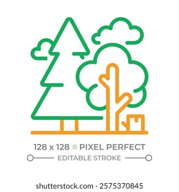 Forestry two color line icon. Natural landscape. Tree species and selection. Forest scenery. Woodland. Bicolor outline symbol. Duotone linear pictogram. Isolated illustration. Editable stroke